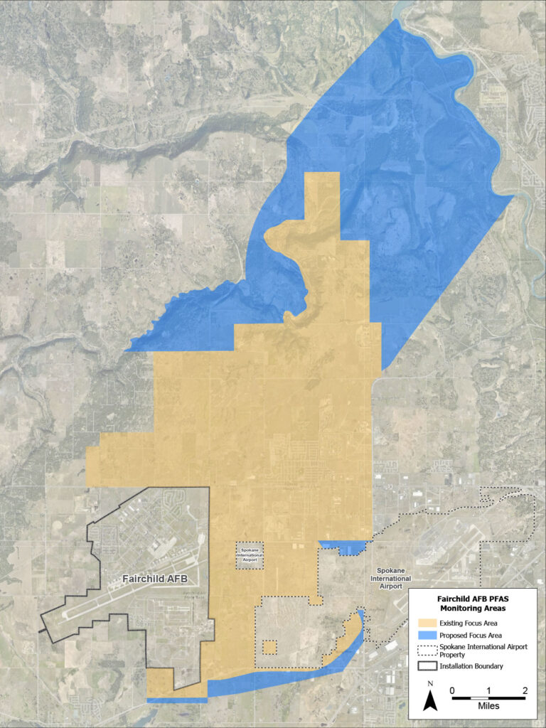 Map showing Fairchild Airforce Base PFAS monitoring areas